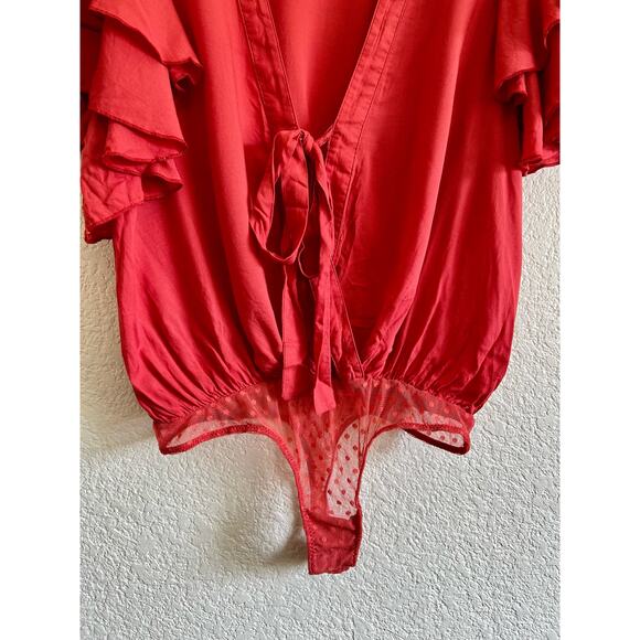 Free People Call Me Later Red Ruffle Sleeve Bodysuit - Size: Small - EUC - Picture 3 of 7